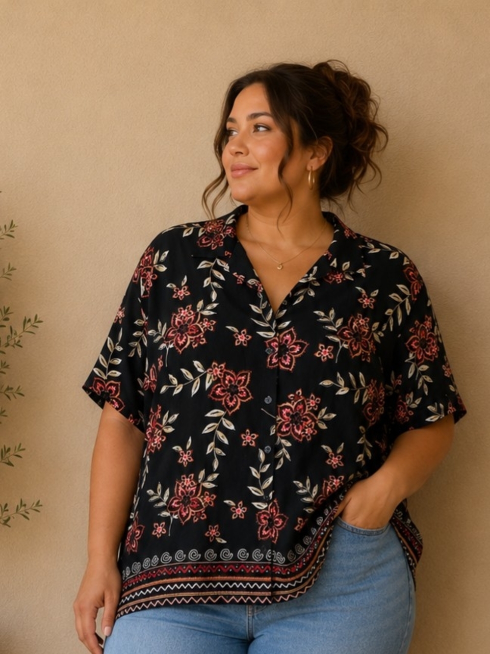Maggie Barnes Black Floral Button-Front Blouse with Rose Print